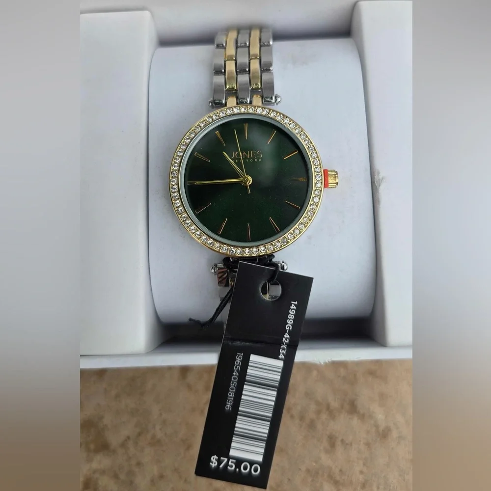 Jones New York Two-Tone Bracelet Watch with Green Dial and Crystal Bezel